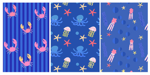 Marine life pattern with crabs jellyfish and octopus vector illustration © Sukla