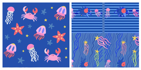 Marine life pattern with jellyfish crabs starfish and shells © Sukla
