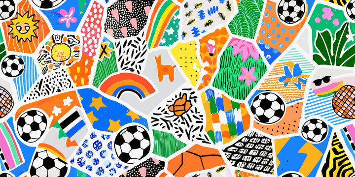 colorful collage pattern with soccer balls animals and nature elements