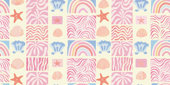 Summer themed pattern with seashells starfish and rainbows