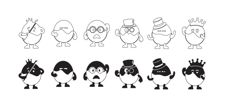 Black funny egg silhouettes. Collection of cartoon egg characters displaying a wide range of exaggerated emotions and facial expressions, vector illustration.