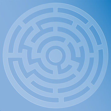 Glass effect circular blue maze with a gradient background and a white outline design morphism