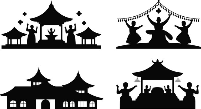 Asian Traditional Architecture Silhouettes with Dancing Figures