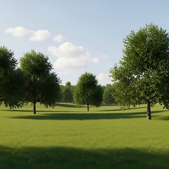 Fototapeta premium Lush green meadow under a bright blue sky with scattered clouds, dotted with trees