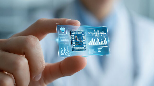Close-up of a hand presenting a micro biochip with a holographic health metrics display, AI health technology concept, biochip data analysis, future healthcare innovation,