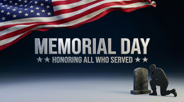 Memorial day concept, kneeling soldier and american flag over gravestone
