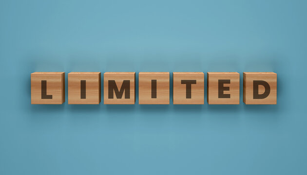 Limited Word Block: A minimalist arrangement of wooden blocks spells out the word LIMITED against a serene blue backdrop, conveying concepts of scarcity, exclusivity, and constraint.