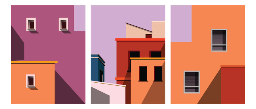 Abstract colorful geometric, contruction, composition, architectural shapes, shadows, and minimalist modern art style illustration vector design.