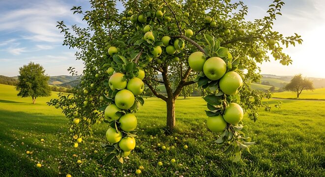 Lush apple tree laden with ripe green fruit in a sun-drenched, rolling orchard