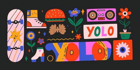 Colorful illustration of skateboard hamburger and various playful objects © Sudebi