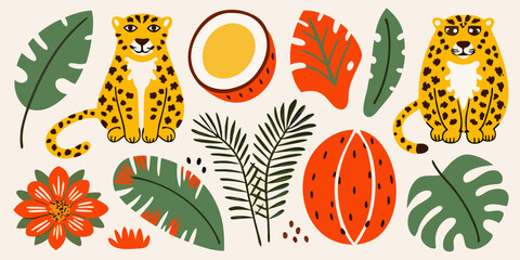 Tropical flora and fauna illustration with leopards leaves and fruit © Sudebi