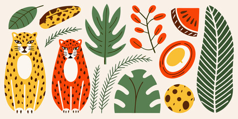 Stylized illustration of leopards tropical leaves and fruit slices © Sudebi