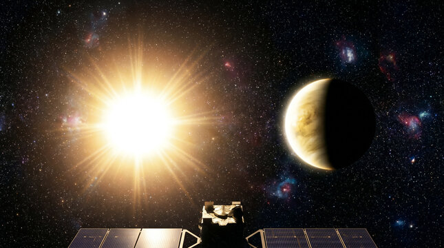 Satellite near the sun and a half-lit planet in the starry sky
