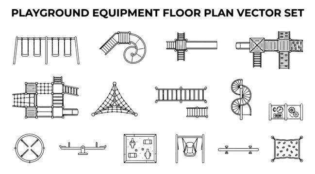 Playground Equipment Floor Plan Vector Set, Top View Architectural Icons for Park and Landscaping Design
