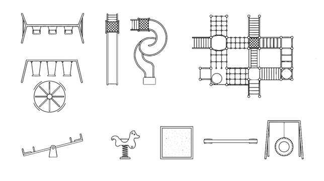 Playground Equipment CAD Blocks and Line Art Set: Swings, Slides, Seesaws, and Climbing Frames for Landscape Architecture Planning