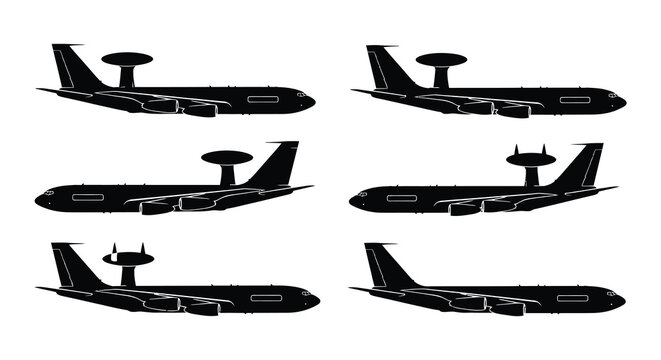 Awacs aircraft silhouettes flat vector illustration on white background