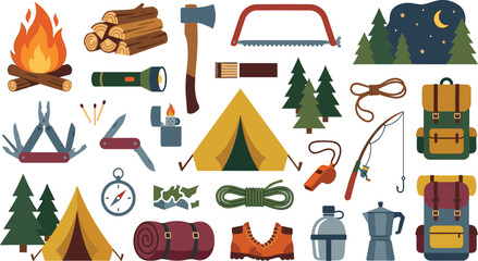 Camping outdoor adventure equipment set with tent campfire backpack boots and survival tools © MdImran