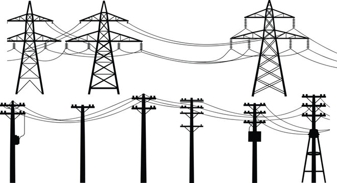 Collection of electricity pylons and utility poles with wires in silhouette power transmission