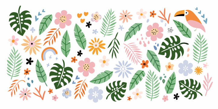Tropical leaves flowers and toucan bird illustration on white background