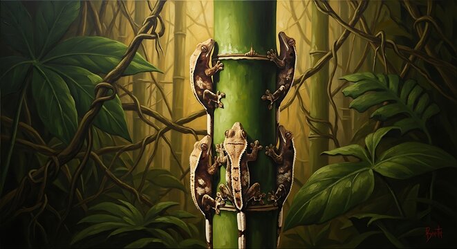 Group of Crested gecko lizards climbing a green bamboo stalk