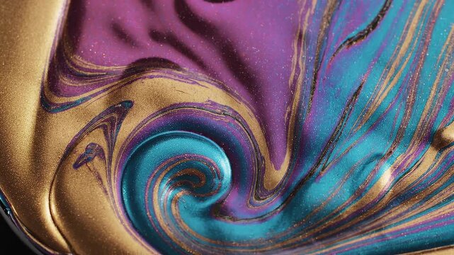 オイルのように輝く虹色の液体がゆっくりと混ざり合い渦を巻く抽象背景映像