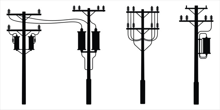 Four black silhouette utility poles with electrical transformers and insulators on white background electricity