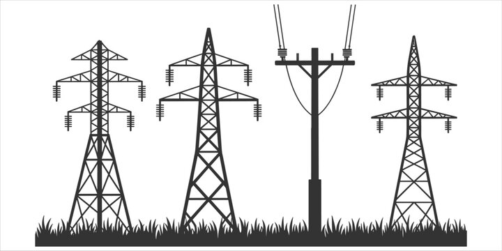 Silhouette of power transmission towers and utility pole with grass electricity pylon