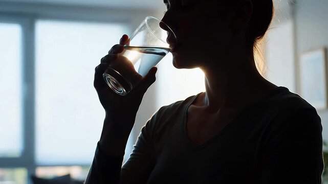 Woman drinking water indoors emphasizing environmental sustainability and eco-tourism