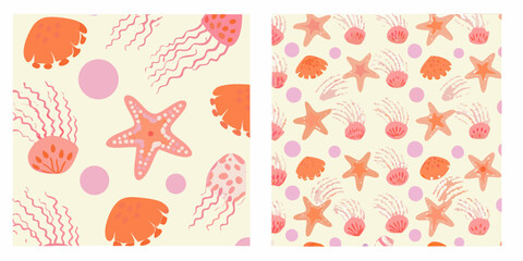 marine life pattern hand drawn style coral jellyfish and starfish © Dipu