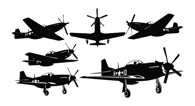World war ii fighter plane silhouettes on a white background