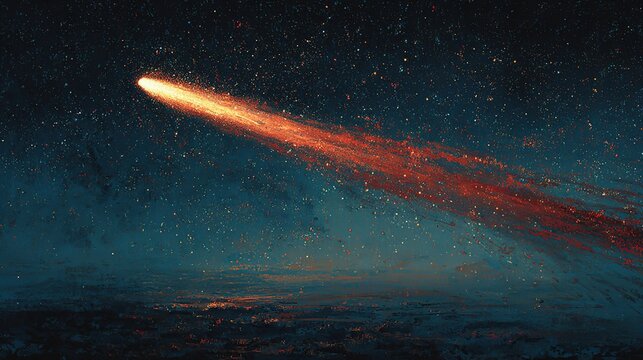 Burning Fireball Meteor with Fiery Glowing Trail Streaking Across Starry Night Sky, Dramatic Cosmic Celestial Phenomenon Over Dark Reflective Landscape