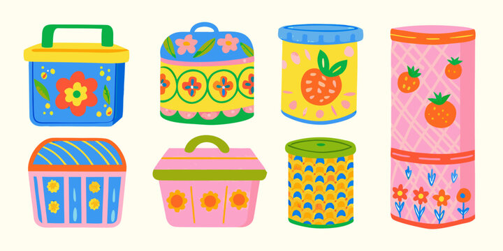 colorful vintage style kitchen canisters set hand drawn illustration
