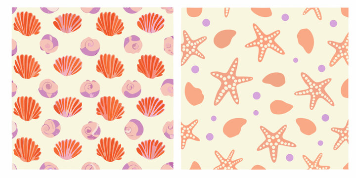 Seashell and starfish pattern colorful marine life illustration