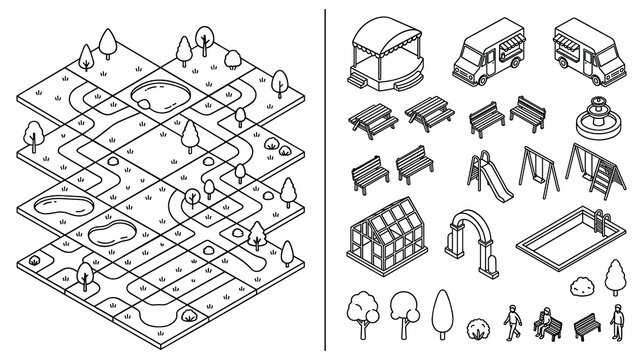 Isometric park diagram and elements for graphic design in line art.