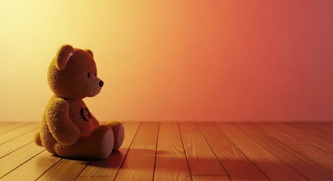 A solitary teddy bear sitting alone on an empty wooden floor, symbolizing deep isolation and the absence of close companionship, childhood, simple, symbolic