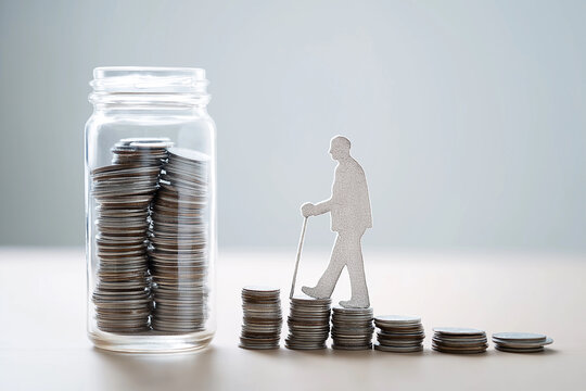older man standing with money coins saving for concept pension and retirement planning