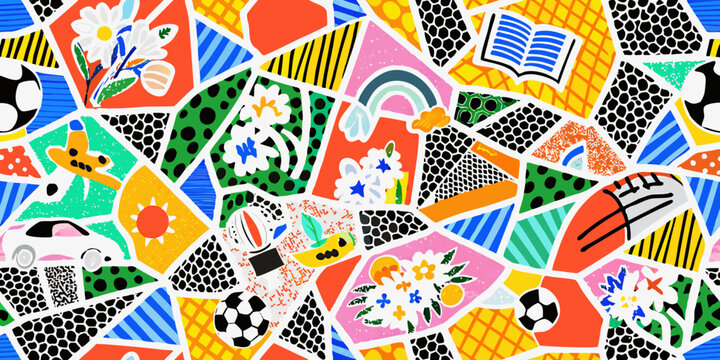 colorful collage pattern with educational and playful elements