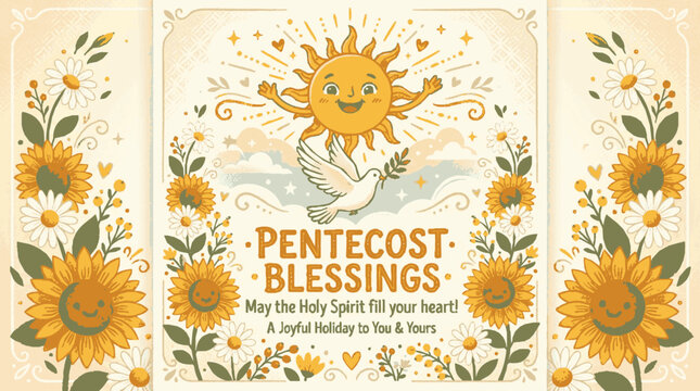 Bright pentecost blessings greeting card with sunflowers and dove symbolizing holy spirit in a joyful yellow design