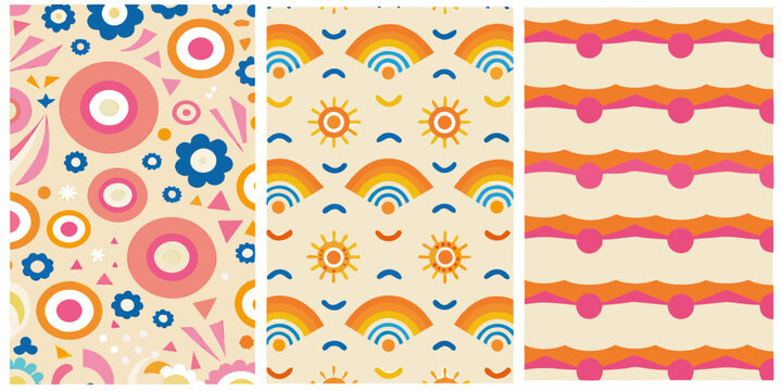 Retro patterned backgrounds with floral rainbow and wave motifs