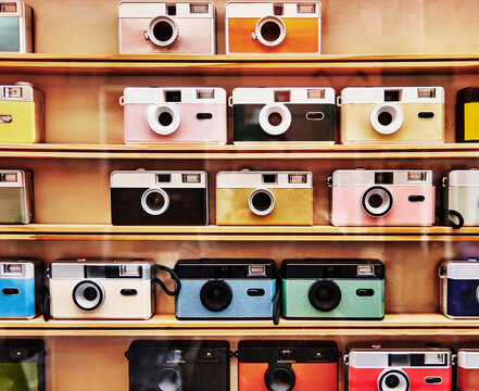 Display of vintage style 35mm film cameras 