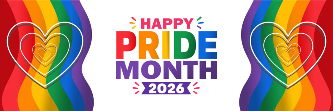 Flat illustration of 2026 Pride Month celebration banner with rainbow symbols and hearts for social media and marketing campaigns.