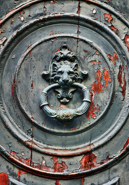 ornate lion head door knocker against a gray wooden door in Genoa, Italy, Europe 