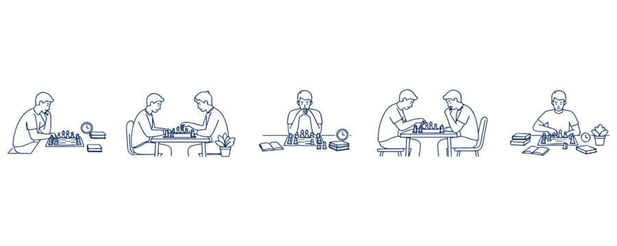 Group of men playing chess strategy game with timer in various positions.