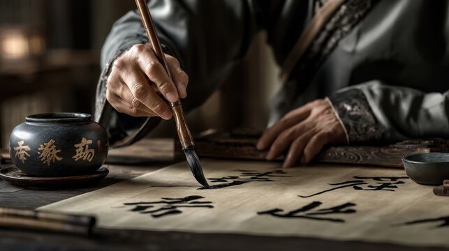 Artistic calligraphy creation traditional studio visual art historical setting close-up cultural expression