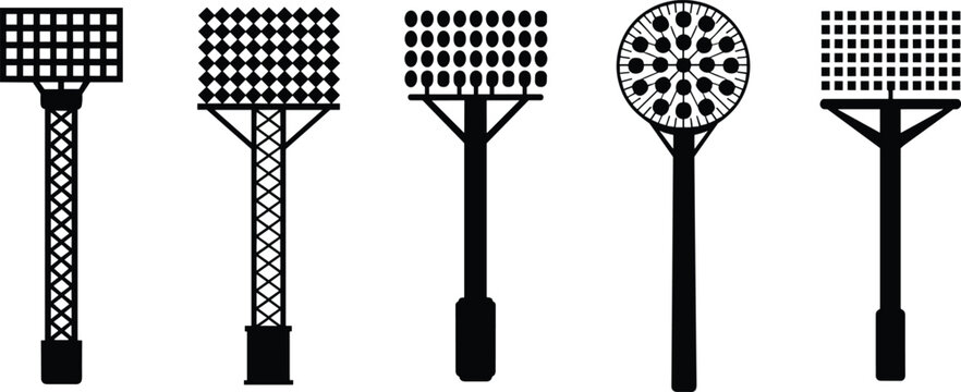 Five black silhouette icons of different floodlight or spotlight towers with various grid patterns stadium