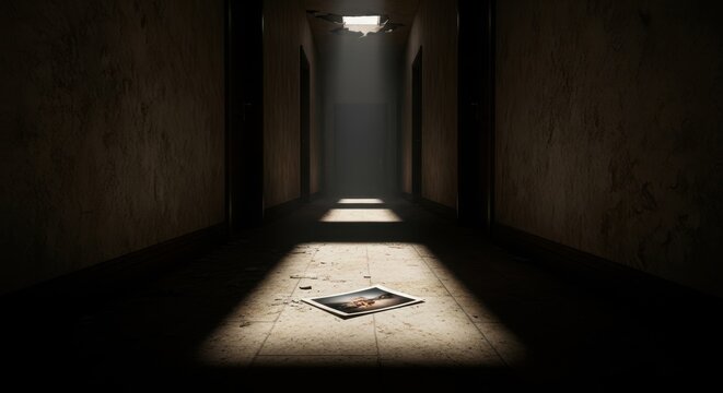 A single photograph lying on the floor of a dark abandoned hallway with a beam of light coming through a hole in the ceiling