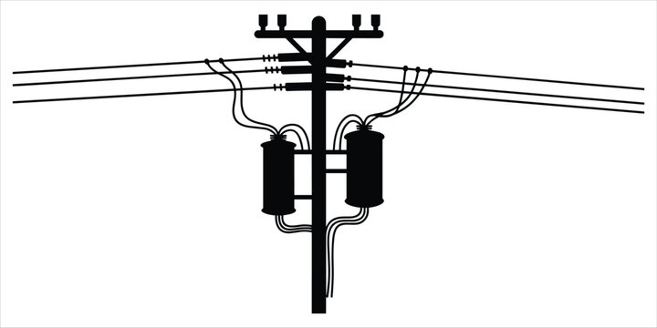 Silhouette of a utility pole with multiple transformers and power lines on a white background electricity