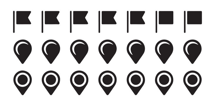 Location pins and flags icon set. map pointer and flag symbols.
