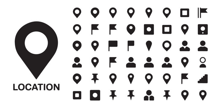 Location pin, flag and pushpin icons collection.