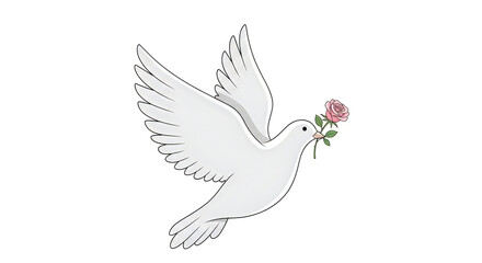 Fototapeta premium Dove flying gracefully carries a small pink rose in its beak as a symbol of gentle affection and peace.